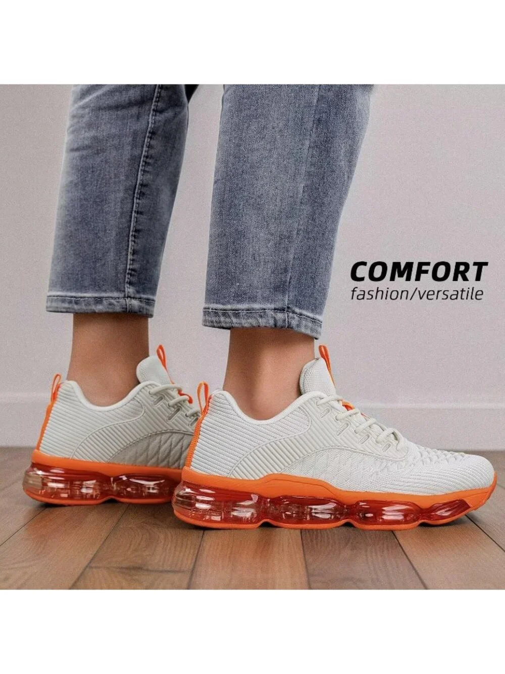 🆕Women's Beige Orange Walking Running Shoes Air Cushion Breathable Sneakers